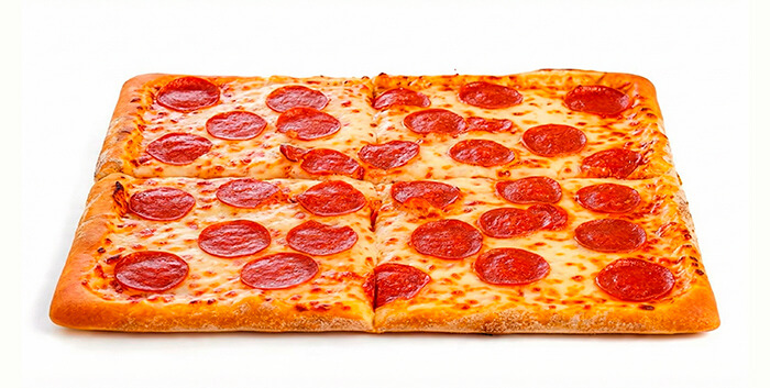 Large rectangular slab pizza with cheese and pepperoni